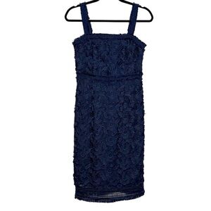Trina Turk Dress Size 6 Navy Blue Textured Floral Embroidered Fringe Trim